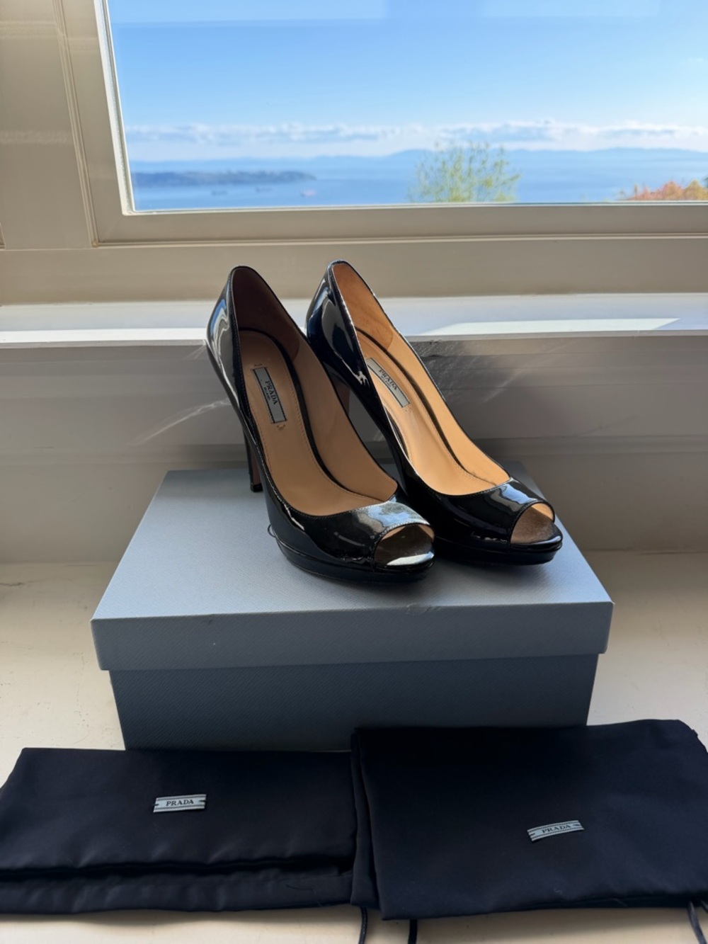 Prada Black Patent Leather Peep-Toe Pumps with Platform